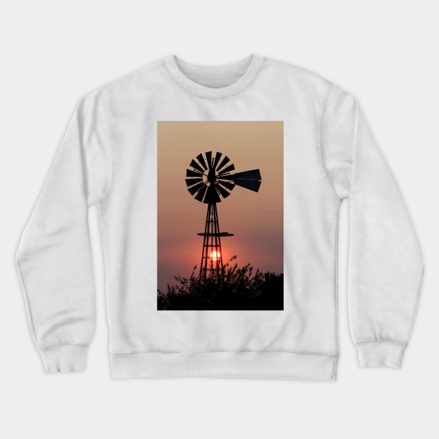 Kansas Smokey  Sunset with a Windmill silhouette Crewneck Sweatshirt by ROBERTDBROZEK